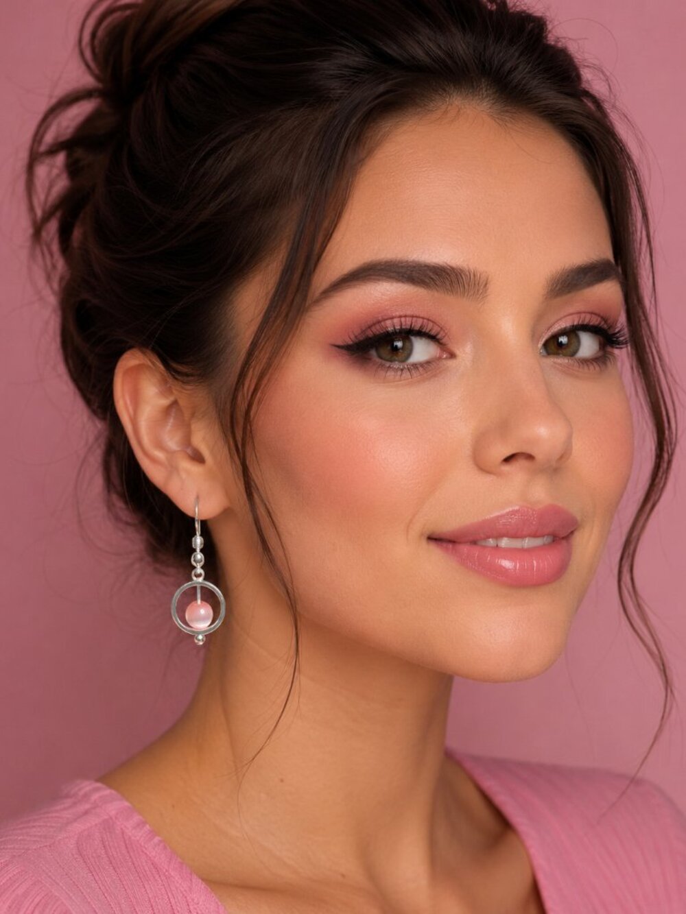 Gennaro Silver Tone Dangle Earrings with Pink Cat's Eye Accent